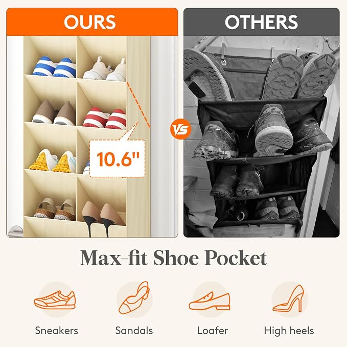 Lifewit 8 Tier Over the Door Shoe Organizer with 15 Large Deep Pockets, Fabric Hanging Shoes Shelf for Closet, Dorm Storage, Fit Up to 16 Pair Shoe Rack Holder for Sneakers, Boots, Beige - Image 3