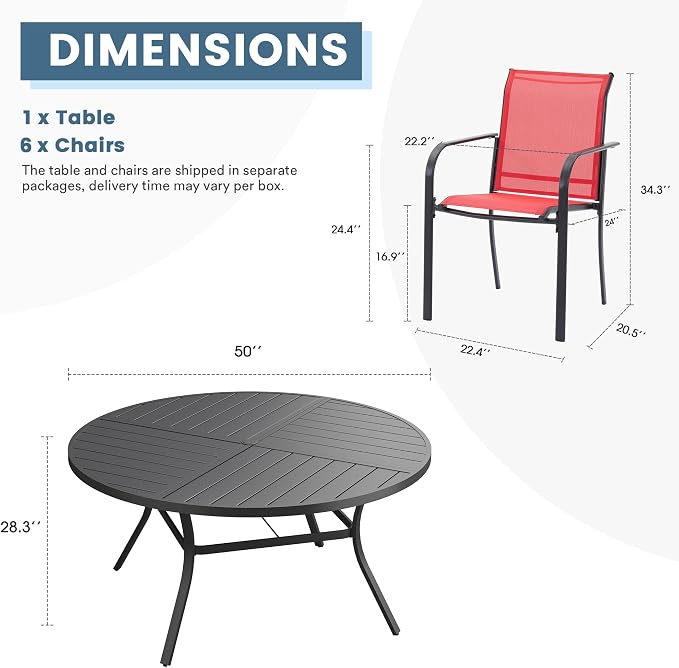 DIFY 7 Pieces Outdoor Patio Dining Set for 6, 50" Black Round Metal Dining Table and 6 Red Stackable Sling Dining Chairs, Outdoor Table and Chairs for Lawn Garden Backyard Deck - Image 8