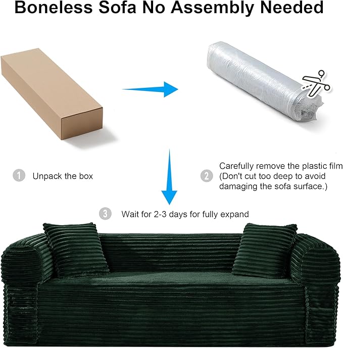 83'' Boneless Couch in A Box, No Assembly Needed Sofa Bed Couch 3 Seater Corduroy Modern Cloud Sofa 29'' Deep Seat with 2 Pillows & Removable Backrest for Living Room, Bedroom, Apartment, Dark Green | No Assembly Needed, High Density Foam, Removable Ba...