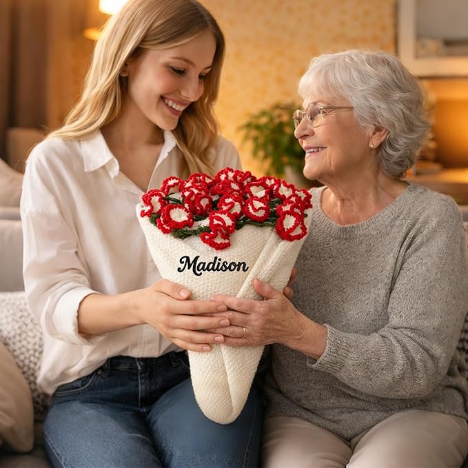 Personalized Handmade Crochet Rose Flower Blanket Bouquet – Custom Name Gift for Mother's Day, Valentine’s Day, Mom or Girlfriend（Carnations）