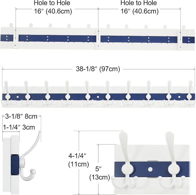 SKOLOO Coastal Wall Mounted Coat Rack - 38-1/8" Beach House Entryway Wooden Coat Hook with 10 Hooks for Hanging Coats, Hats or Towels, Oceanfront Cottage Core Collection, White & Blue - Image 3