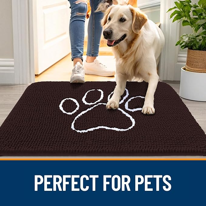 OLANLY Dog Door Mat for Muddy Paws 35x24, Paw Print Design, Absorbs Moisture and Dirt, Absorbent Non-Slip Washable Doormat, Quick Dry Chenille Mud Mat for Dogs, Entry Indoor Entryway Carpet, Brown - Image 6