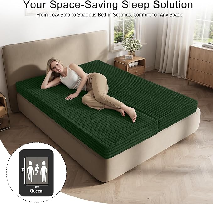 MeMoreCool Convertible Sofa Bed, Folding Floor Couch Bed Queen, Pull Out Sleeper Couch with Pillows, Fold Out Futon Sofa for Bedroom Living Room Small Space, Corduroy Green
