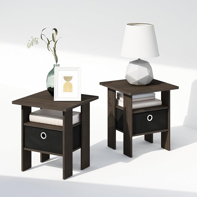 Furinno TIDUR Night Stand Set of 2, Open Shelf Design Nightstand with Storage Bin, Bedside Table, End Table, Side Table, for Bedroom, Closet, Dorm, Dark Brown - Image 6