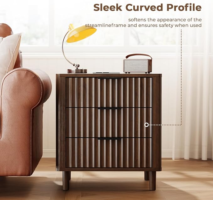 Fluted Nightstand with Charging Station, Multifunctional 3 Drawers Storage Bedside Table, Solid Wood Modern Nightstand, Curved Profile Design, End Table for Indoor Room Bedroom Office, Walnut - Image 6