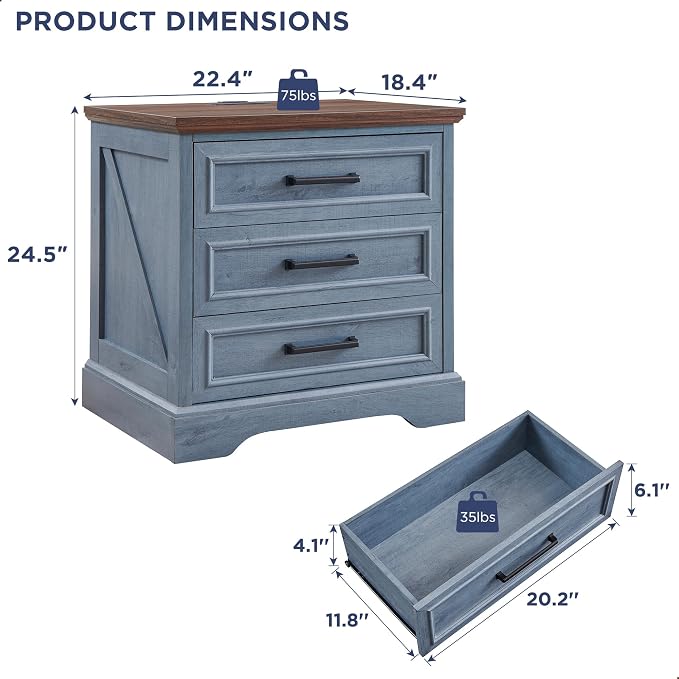 ACCOHOHO Farmhouse Nightstand with Charging Station, 22 Inch Wide End Table with 3 Large Drawers & Bar Handles, Rustic Wood Small Dresser Chest of Drawers for Bedroom, Living Room, Closet, Blue - Image 2