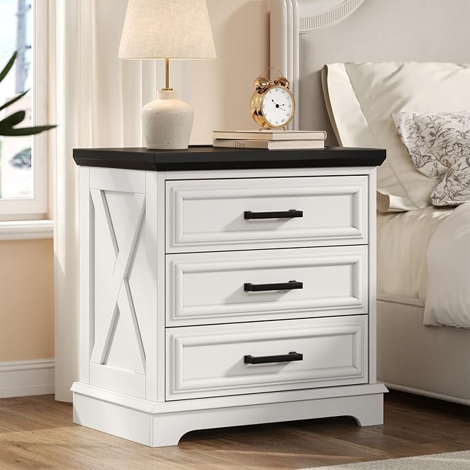 knoworld 24 Inch Wide Farmhouse Nightstands with Charging Station, White Nightstand with 3 Large Drawers, Rustic Wood End Table for Bedroom by KNOWORLD