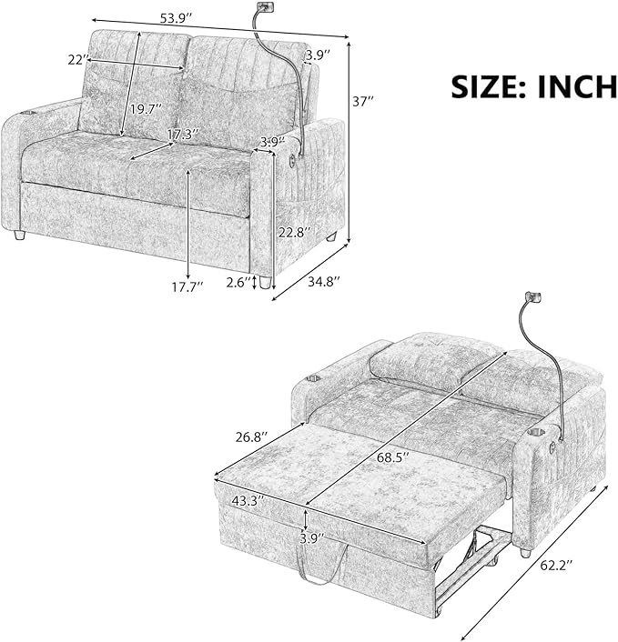 Merax Chenille 3-in-1 Pull Out Sleeper Sofa Bed Couch, 54" Convertible Futon Loveseat with Adjustable Backrest, 2 Cup Holders, Phone Stand, 3 Charging Ports and Storage Pockets for Living Room, Beige