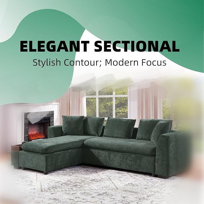 93.7" L-Shaped Sectional Sofa with Storage Chaise, Modern Couch for Living Room, Chenille Upholstered Couch with Deep Seats & Throw Pillows, Modern Corner Sofa for Living Room, Green
