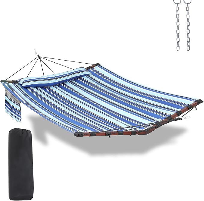 TegerDeger 12FT 2 Person Hammock Large Hammock 450LB Capacity with V Shaped Hardwood Spreader Bar & Nylon Rope for Outside, Patio, Garden, Backyard, Beach, Poolside - Blue Stripes by Tegerdeger