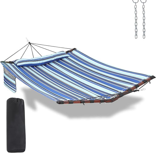 TegerDeger 12FT 2 Person Hammock Large Hammock 450LB Capacity with V Shaped Hardwood Spreader Bar & Nylon Rope for Outside, Patio, Garden, Backyard, Beach, Poolside - Blue Stripes by Tegerdeger