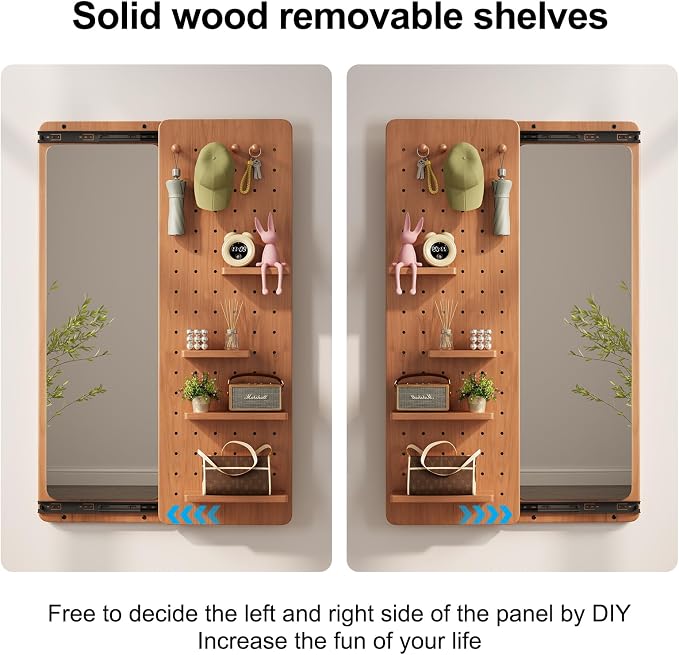 KungFuWood Full Length Mirror with Shelf and Hooks,Entry Way Mirrors for Wall,Wall Mirror with Shelf,Wall Mirror with Storage Multifunctional Design Panel,Living Room - Image 4