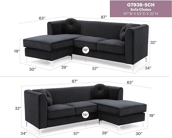Glory Furniture Delray Velvet Sofa Chaise in Black