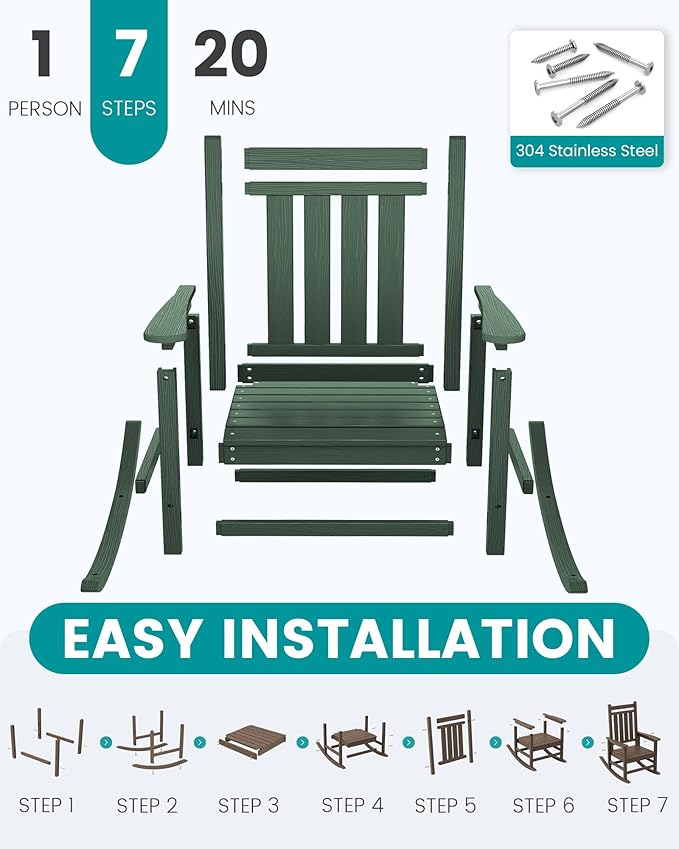 SEWALL HDPE Rocking Chair, Oversized Outdoor Rocking Chair for Adults, Patio Rocker for Porch, Green - Image 7