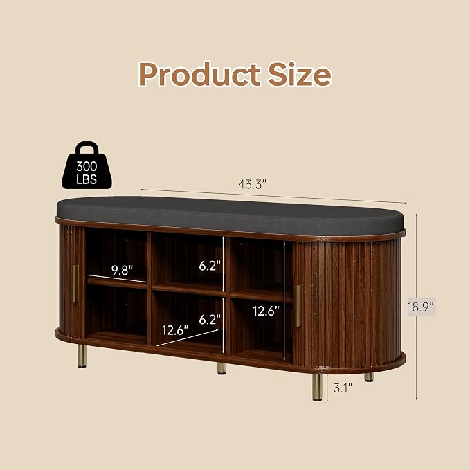 DHH 2-Tier Storage Bench,Wide Shoe Bench with Thickened Padded Seat Cushion, Mid Century Modern Fluted Sliding Door and Adjustable Shelf, for Entryway, Living Room, Bedroom (Walnut, 43.3“) - Image 2