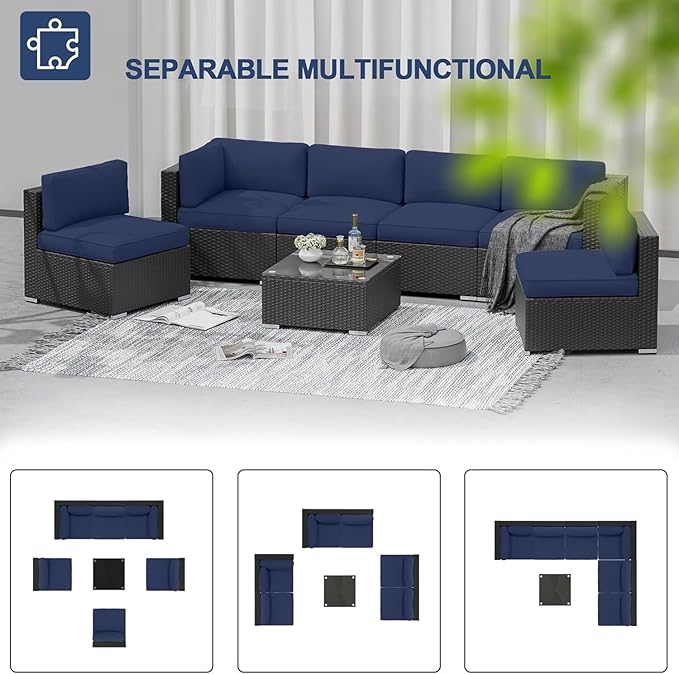 SUNCROWN 7-Piece Outdoor Patio Furniture Sofa Set All-Weather Wicker Sectional Cushioned Set with Modern Glass Coffee Table, Cushions and A Waterproof Cover(Dark Blue)
