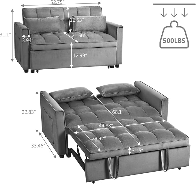3 in 1 Sleeper Sofa Bed, Pull Out Couch, Convertible Futon Loveseat with krest, Dinotefuran Living Room Chaise Lounr Home Apartment Office, Dark Grey
