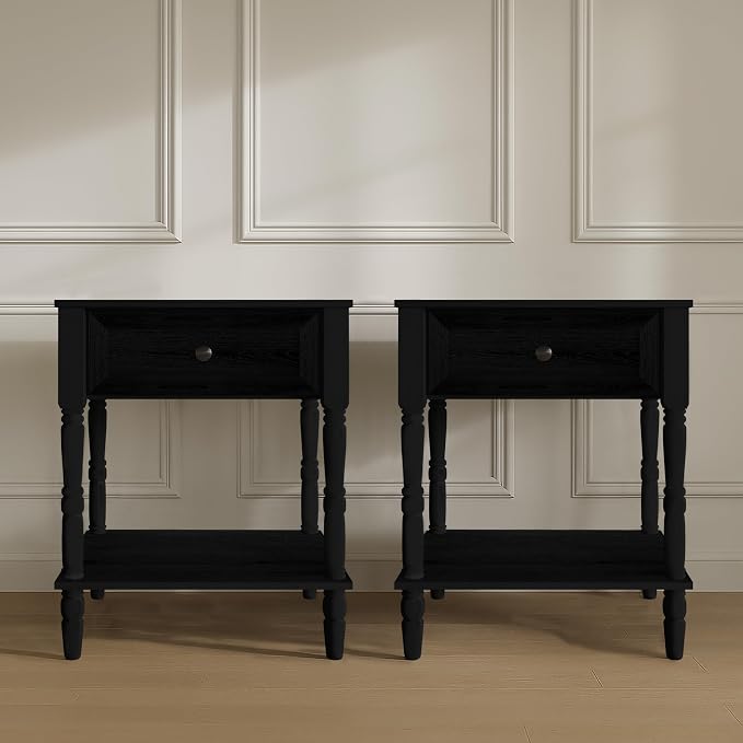 HOME DESIGN Ruston One Drawer Nightstand Set of 2, Black, Spacious Drawer and Open Lower Shelf, Modern Bedroom Furniture by WelcomeTo