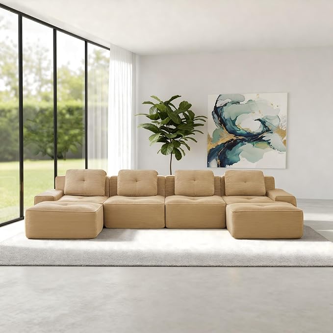 Casaphoria 150'' Camel Boneless Sectional Sofa, Corduroy 4-Seater Cloud Couch with 4 Pillows & 2 Ottomans for Living Room, U-Shaped Deep Seat Modular Sofa for Apartment, No Assembly