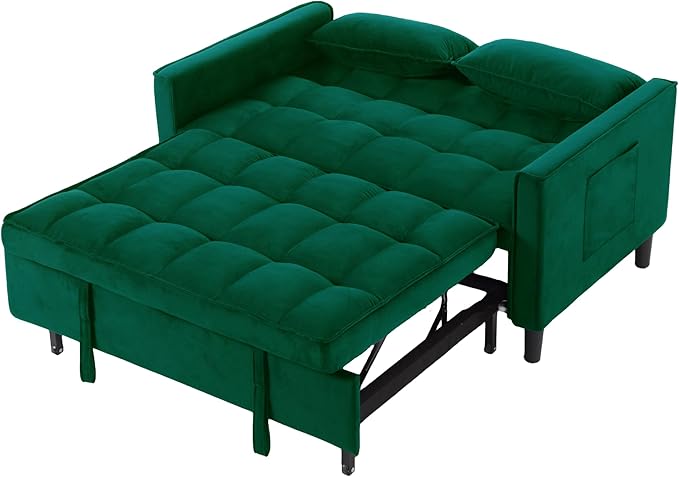 3 in 1 Convertible Sofa Bed, Love Seat Sleeper Bed with Side Pockets, Velvet Fabric Pull Out Couch with Adjustable Backrest for Living Room, Bedroom, Apartment, Dark Green