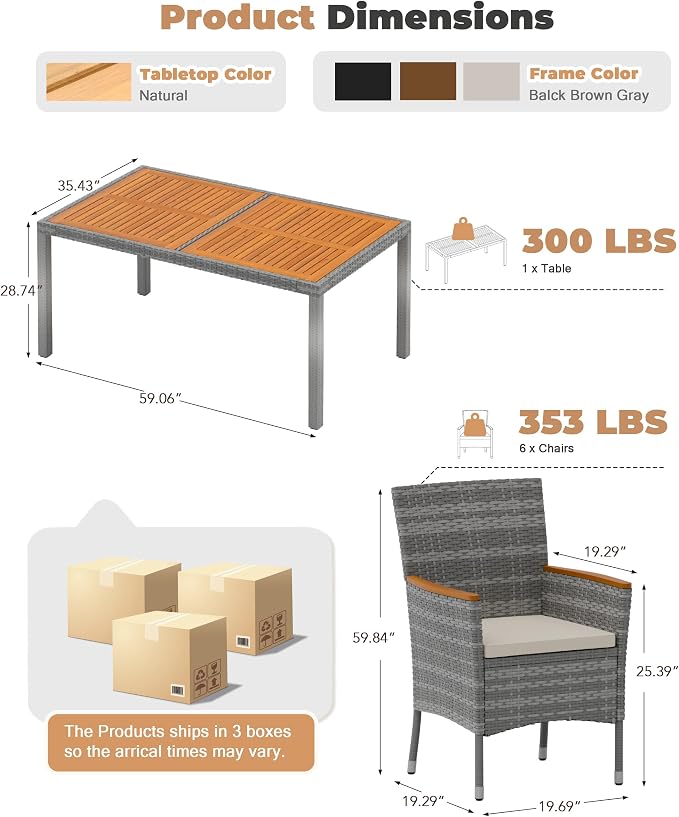 Flamaker 7 Piece Patio Dining Set Outdoor Acacia Wood Table and Chairs with Soft Cushions Wicker Patio Furniture for Deck, Backyard, Garden (Grey) - Image 7
