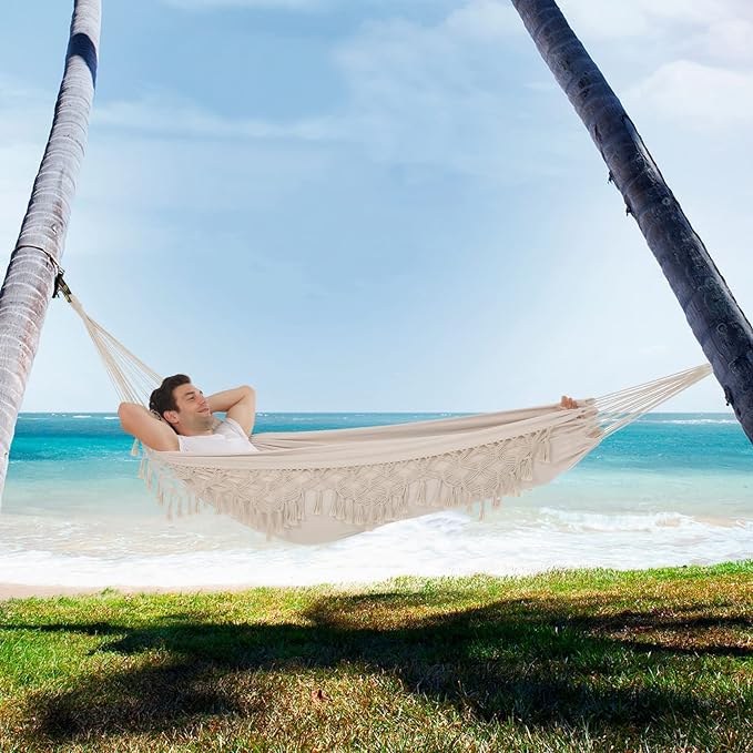 Hammock Hanging Swing Double Max 500lbs Macrame for Indoor Outdoor Patio Yard Garden (Beige) - Image 7