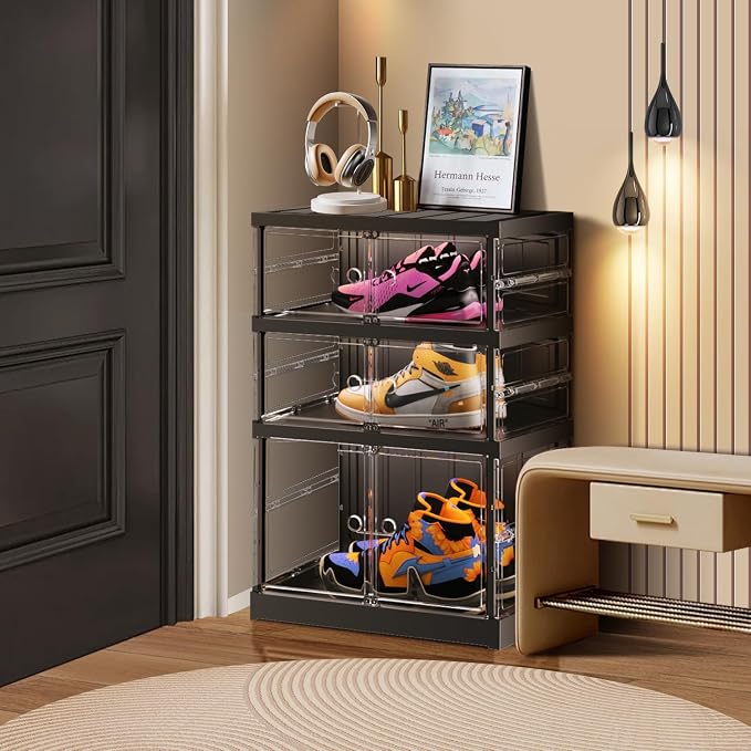 CIMLORD 3 Tier Foldable Shoe Rack for Closet Entryway 3-6 Pairs Stackable Clear Shoe Storage Boxes with Lids Small Shoes Shelf with Door Plastic Organizer Cabinet Easy Assembly Black by CIMLORD