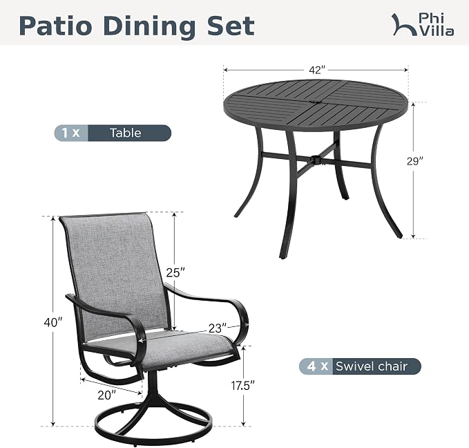 PHI VILLA 5 Piece Outdoor Patio Dining Set with 4 Swivel Dining Chairs & 1 Large Round Dining Table, Gray Textilene Mesh Fabric Chair and Round Metal Table for All Weather Deck Lawn Garden - Image 9