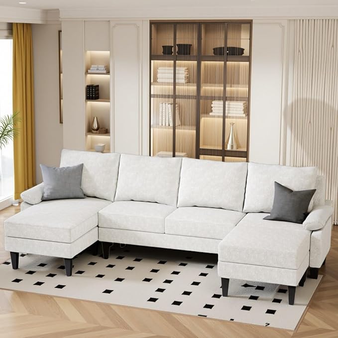Sectional Couches for Living Room, Convertible 4 Seat Modular Sectional Sofa Set for Living Room, L Shaped Couch or U Shaped Couch with Ottoman for Apartment, White
