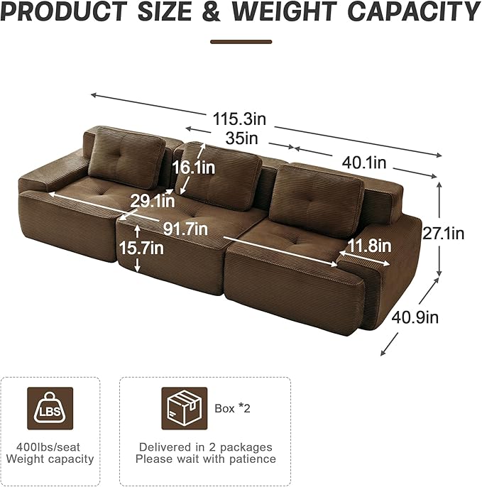 Casaphoria 115'' Brown Corduroy Sofa, Boneless Sectional Couch with 3 Pillows for Modern Living Room, Deep Seat Sofa No Assembly Modular Cloud Couch