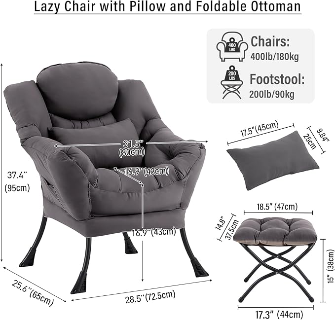 Lazy Chair with Ottoman, Modern Accent Chair with Lumbar Pillow, Dark Grey Sofa, Armchairs with Folding Footrest, Oversized Supportive Chairs for Bedroom, Reading