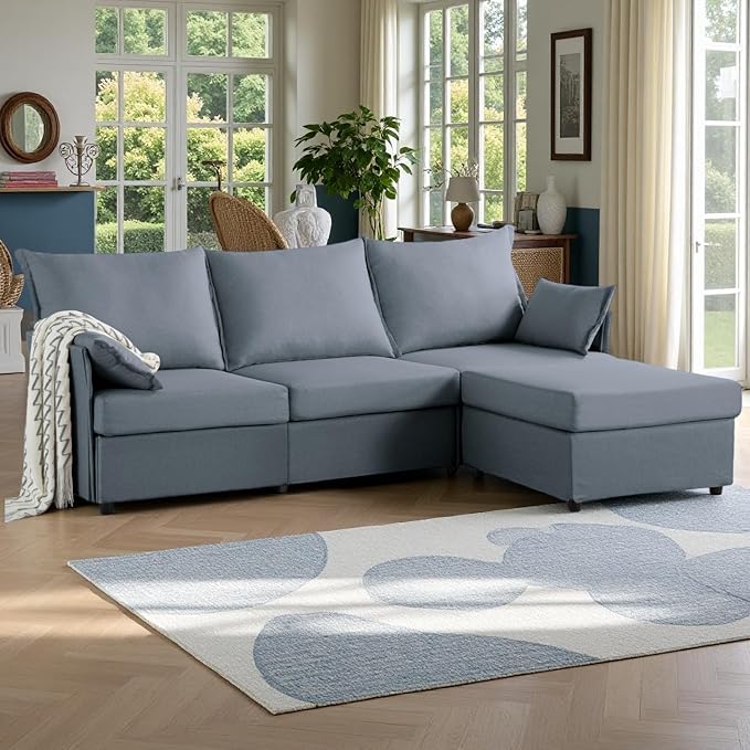 93.7” Sectional Sofa with Movable Ottoman, 3 Seaters L Shaped Couch Modular Sofa Bed with 2 Armrest Pillows, Small Sectional Couch for Living Room Bedroom Small Space Furniture, Gray