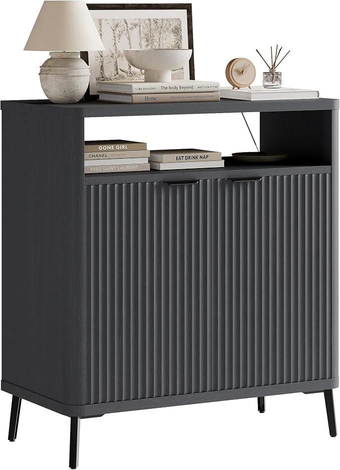 Fatmok Fluted Buffet Cabinet with Storage, 31.4" Wide Wood Sideboard Credenza with 2 Doors & Open Storage Shelf, Modern Coffee Bar Table for Living Room Kitchen Dining Room,Black Grey - Image 7