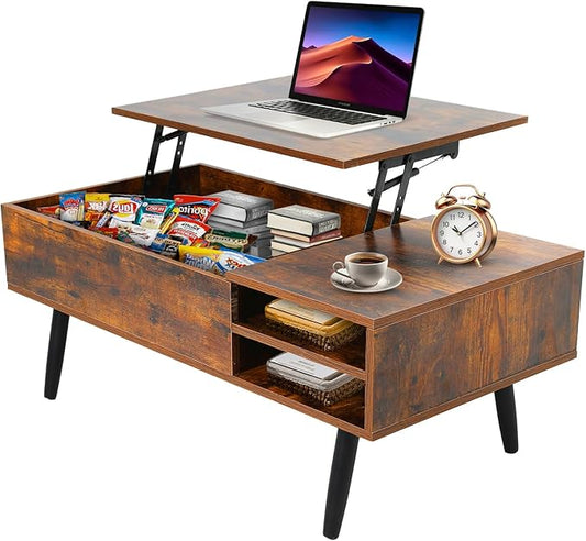 NChanmar Coffee Table for Living Room, Lift Top Coffee Table with Adjustable Storage and Hidden Compartment, Wood Center Table, Living Room Furniture for Home, Office-Brown