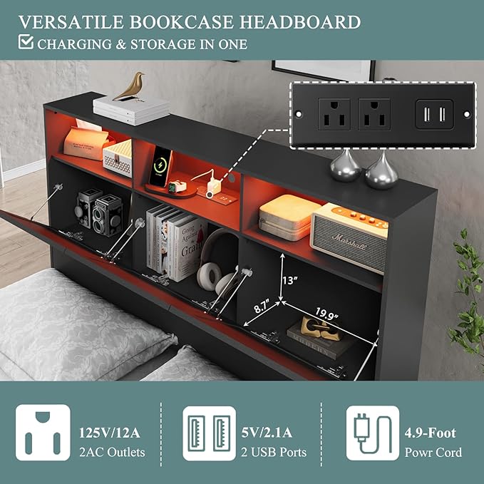 3 Pieces Bedroom Set, Queen Size Wood Platform Bed Frame and 2 Nightstands, Storage Headboard and Nightstand with Charging Station, Solid Wood Slats Support, No Box Spring Needed, Black