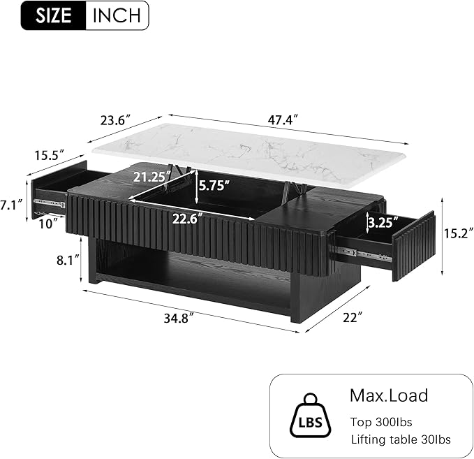 47.4" Rectangle Lift Top Coffee Table with Drawer & Hidden Storage, Modern Fluted Coffee Table with Marble-Pattern Top & Solid Wood Strips, Center Table for Living Room Apartment,Black & White