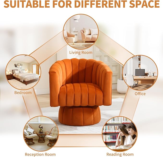 Swivel Accent Barrel Chair Set of 2- Cute Comfy Small Round 360° Arm Chair Velvet Sofa Club Reading Chair for Living Room Bedroom Office Orange