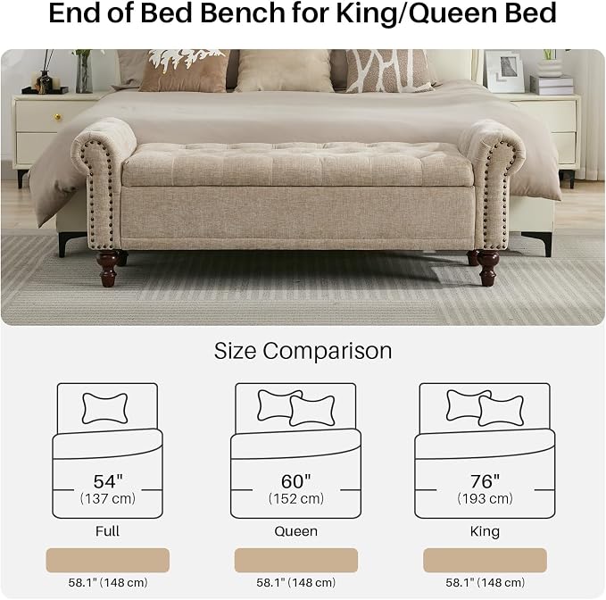 SOFTHION 58.1" Storage Bench Upholstered Chenille End of Bedroom Bed Bench Ottoman with Tufted Cushioned Rolled Arm Large Storage Space for Reading Living Room Entryway, Light Brown - Image 5