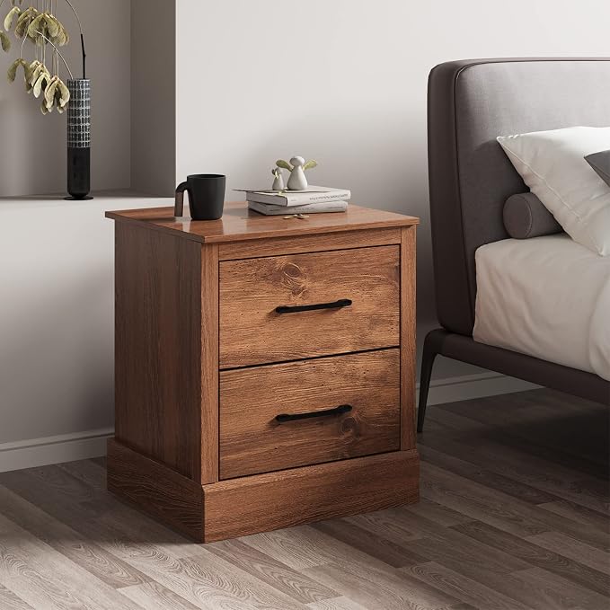 Giantex Farmhouse Nightstand, Wood Bedside Table with 2 Storage Drawers, Compact Floor Night Stand End Table, Walnut Accent Sofa Side Table for Bedroom - Image 2