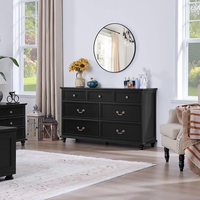 Joaxswe Farmhouse 7 Drawers Dresser Sets of 2 for Bedroom, Black 54 Inch Wide Chest of Drawers w/ 4 Wooden Legs, Large Vintage Rustic Closet Dressers for Living Room, Wood TV Stand - Image 6