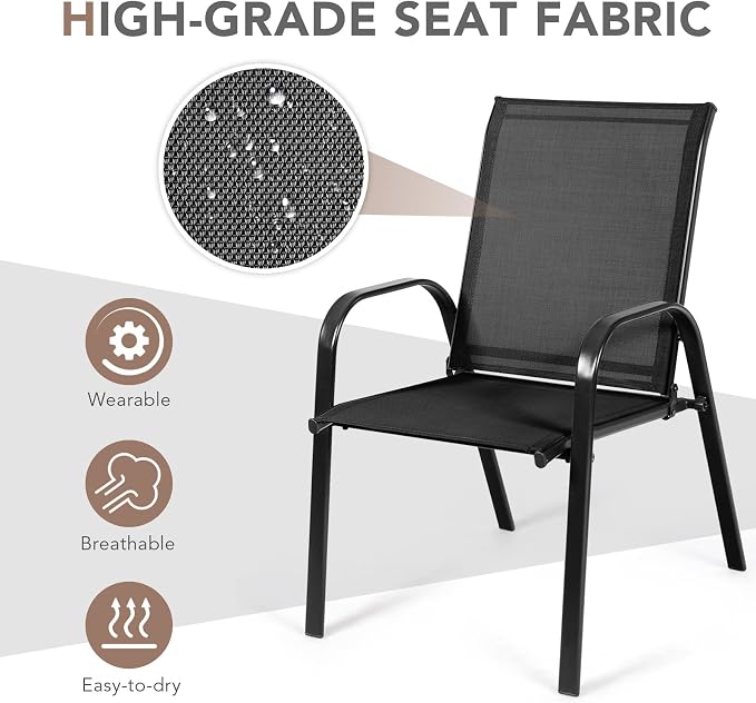 Tangkula 2 Piece Patio Dining Chairs, Outdoor Bistro Chairs W/Curved Armrests, Easy-to-Dry Fabric, Reinforced Steel Frame, Wide & Comfortable Camping Chairs for Garden, Poolside, Backyard (1, Black) - Image 8