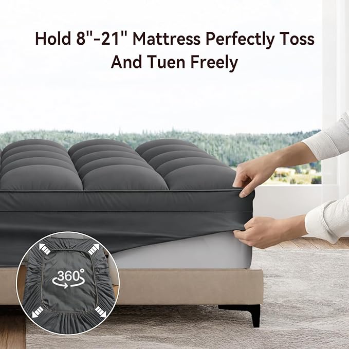 ABENE Mattress Topper King for Back Pain Relief, Extra Thick Mattress Pad Pillowtop, Soft Mattress Protector Cover with 8"-21" Deep Pocket, Overfilled Down Alternative Filling (Gray, King)