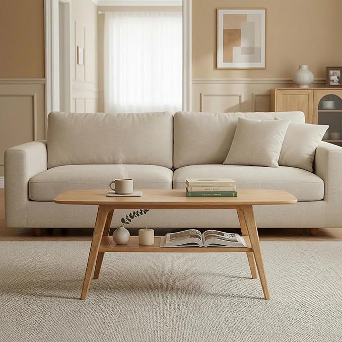 Solid Wood Coffee Table - 2-Tier Wooden Center Coffee Table with Storage Shelf for Living Room, Apartment, and Office