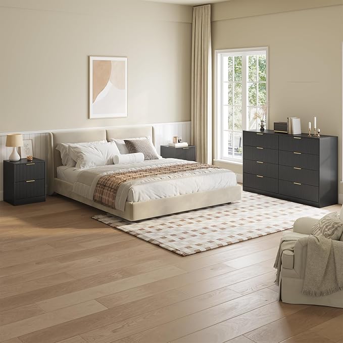 8 Drawer Dresser & Nightstand Set 3-Piece, 55” Wide Fluted Black Dresser and Night Stand Set of 2 with Metal Handle, Modern Wood Chest of Drawers Storage Dressers Set for Bedroom, Black