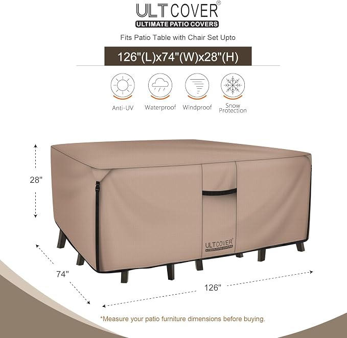 ULTCOVER Rectangular Patio Heavy Duty Table Cover - 600D Tough Canvas Waterproof Outdoor Dining Table and Chairs General Purpose Furniture Cover Size 126L x 74W x 28H inch - Image 2