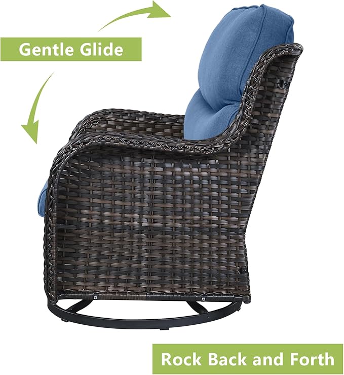 Rilyson Wicker Patio Furniture Set - 5 Piece Rattan Outdoor Sectional Conversation Sets with 2 Swivel Rocking Chairs,2 Ottomans and 1 Side Table for Porch Deck Garden(Brown/Blue/Smile)