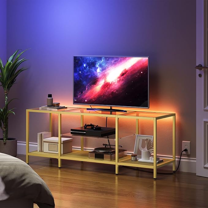 HOOBRO TV Stand with LED Lights and Power Outlets for TVs up to 65", Modern 55 Inch Tempered Glass TV Console Table with Open Shelves, Media Entertainment Center for Living Room, Gold GD145UDS01 - Image 2