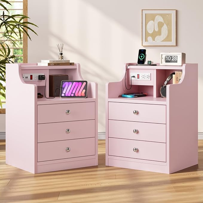 ADORNEVE Nightstand with Charging Station,Pink Night Stand with Hutch,Bedside Table with Drawers,Bed Side Table with Storage - Image 7