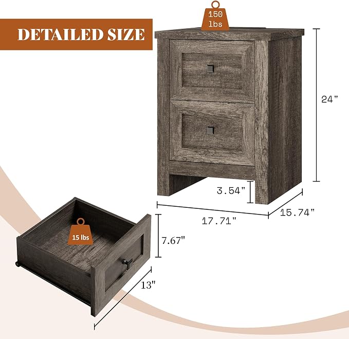 AMERLIFE Nightstand Set of 2 with Charging Station, Rustic Bedside Table with Drawers Storage, Farmhouse Wood Night Stand for Bedroom, Rustic Grey - Image 2