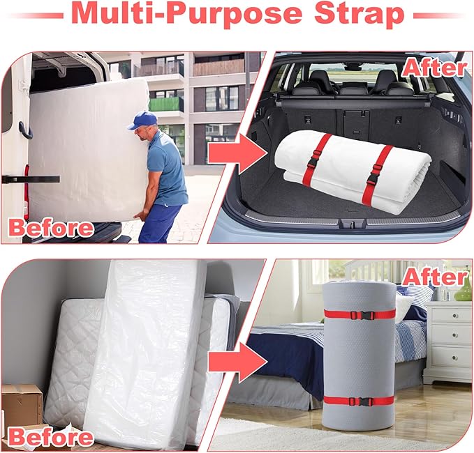 4 Pcs Mattress Topper Straps,63" L x 1.5" W,Adjustable Foam Mattresses Packing Straps with Sturdy Locked Buckles for Moving House Gel Mattress Topper,Storing Bedding Supplies,Red